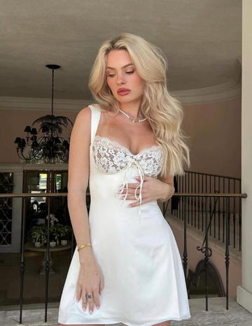 White A Line Straps Lace Satin Short Homecoming Dress Cocktail Dress HZ1023